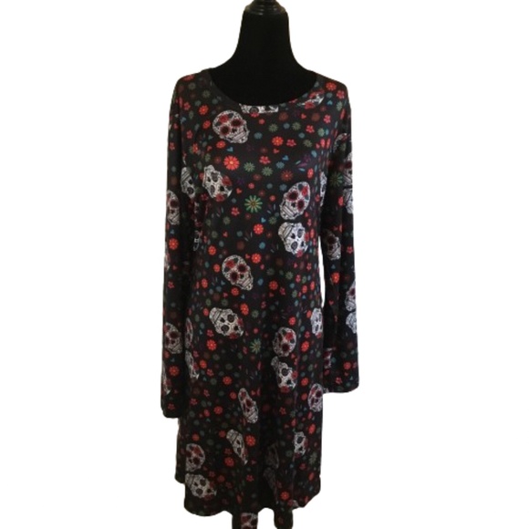 Women’s Skull Head And Flower Casual Midi Dress With Pockets - Picture 1 of 6